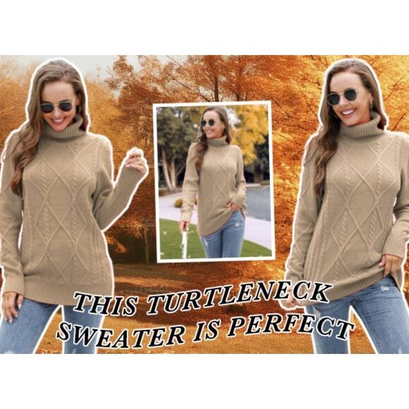 HWOKEFEIYU Women's Turtleneck Cable Knit Long Sleeve Pullover Sweater Dark Khaki - Picture 5 of 9